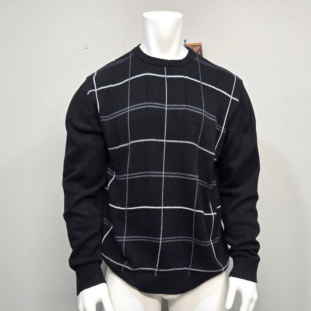 Oscar de la Renta Sweater Mens Large Black Windowpane Plaid 100% Cotton Crewneck